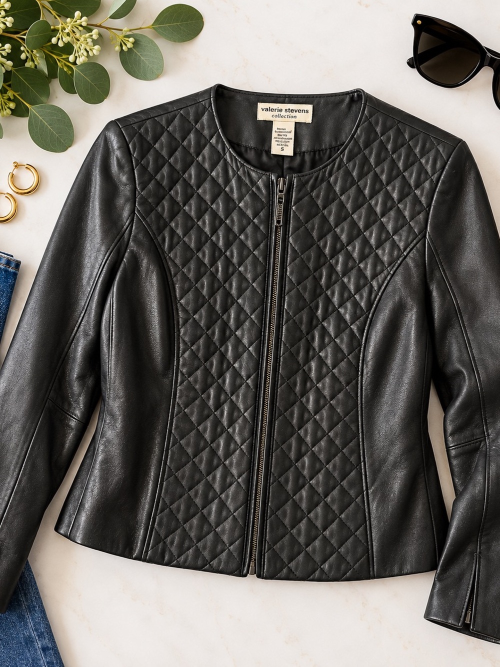 Valerie Stevens Collection Genuine Leather Quilted Black Jacket – Size Small